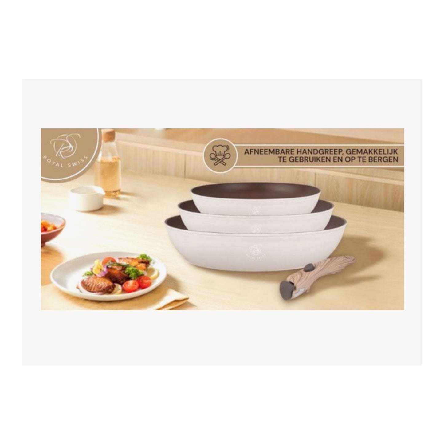 Royal Swiss® 3-delige Koekenpannenset met Afneembare Handgreep – Geschikt voor alle warmtebronnen, inclusief inductie (20/24/28 cm)