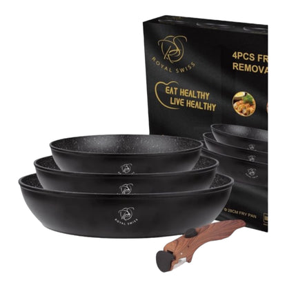 Royal Swiss® 3-delige Koekenpannenset met Afneembare Handgreep – Geschikt voor alle warmtebronnen, inclusief inductie (20/24/28 cm)