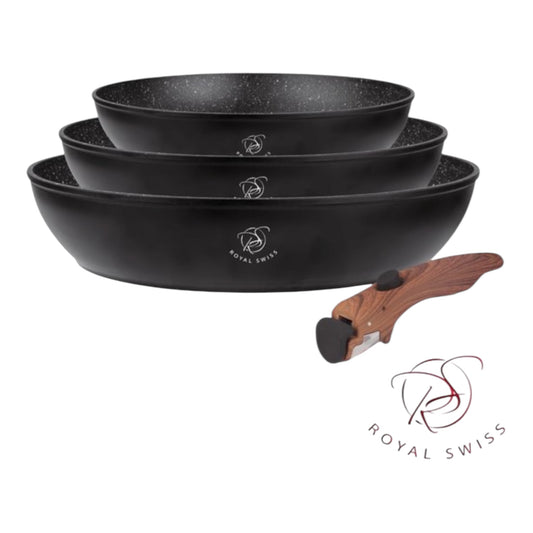 Royal Swiss® 3-delige Koekenpannenset met Afneembare Handgreep – Geschikt voor alle warmtebronnen, inclusief inductie (20/24/28 cm)