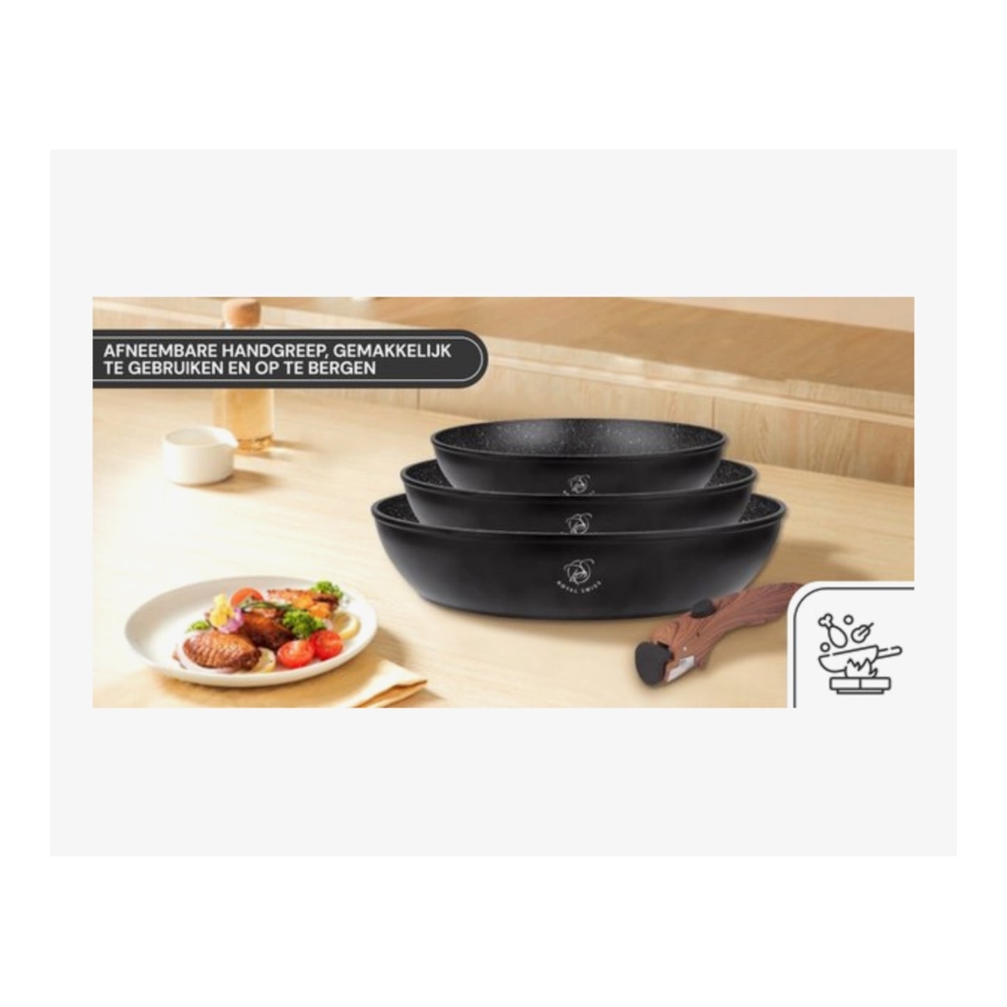 Royal Swiss® 3-delige Koekenpannenset met Afneembare Handgreep – Geschikt voor alle warmtebronnen, inclusief inductie (20/24/28 cm)