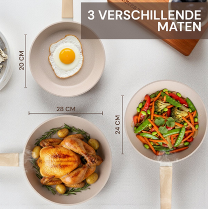 Royal Swiss® 3-delige Koekenpannenset met Afneembare Handgreep – Geschikt voor alle warmtebronnen, inclusief inductie (20/24/28 cm)